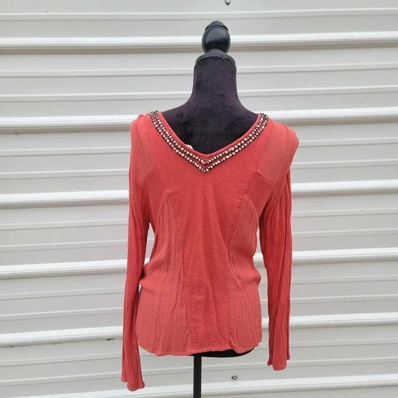 Sixes & Sevens Coral Orange Pink Beaded Embroidered Blouse Viscose Top V-Neck M - Picture 5 of 10